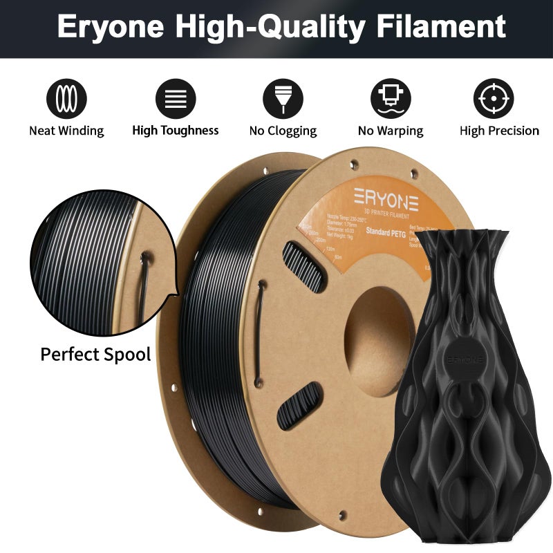 ERYONE PETG Filament for 3D Printer, 1.75mm +/-0.03mm, 1kg(2.2LBS)/Spool, Black - Image 4